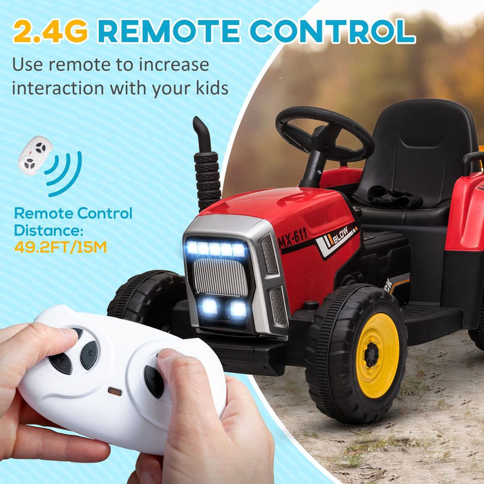 HOMCOM Ride on Tractor with Detachable Trailer, Remote Control, Music - Red