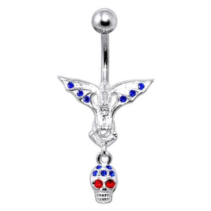 Fancy Silver Jeweled Devil Skull Dangling Ss Banana Bar Belly Ring