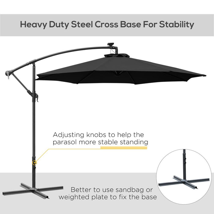 Outsunny 3(m) Banana Cantilever Parasol with Solar LED Lights, Garden Umbrella with Cross Base and Crank Handle, Hanging Offset Sun Shade for Outdoor, Patio, Black