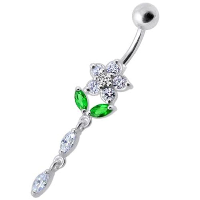 Fancy Jeweled Flower Dangling Banana Bar Navel Ring