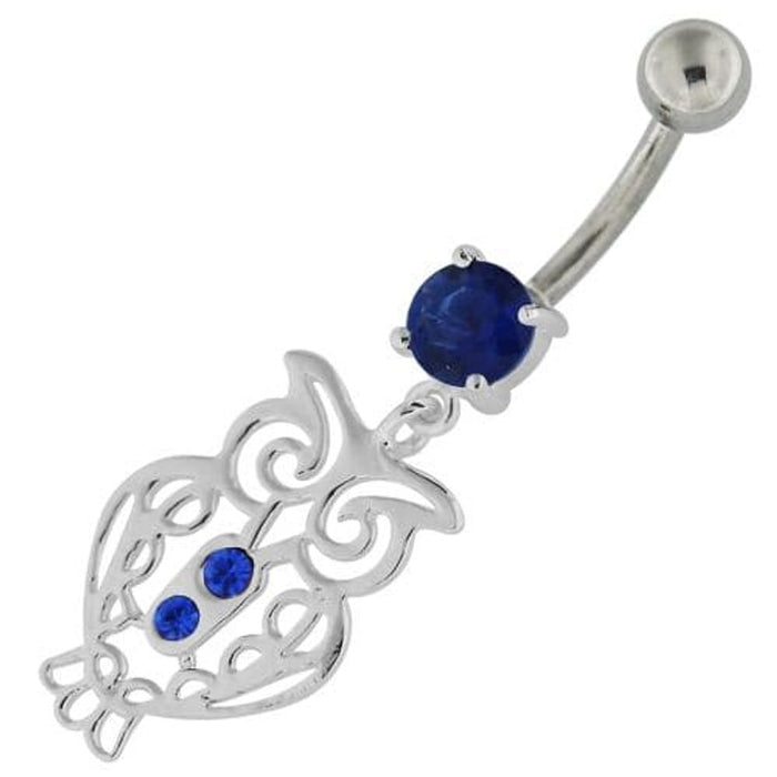 Sterling Silver Jeweled Owl Navel Belly Button Bar