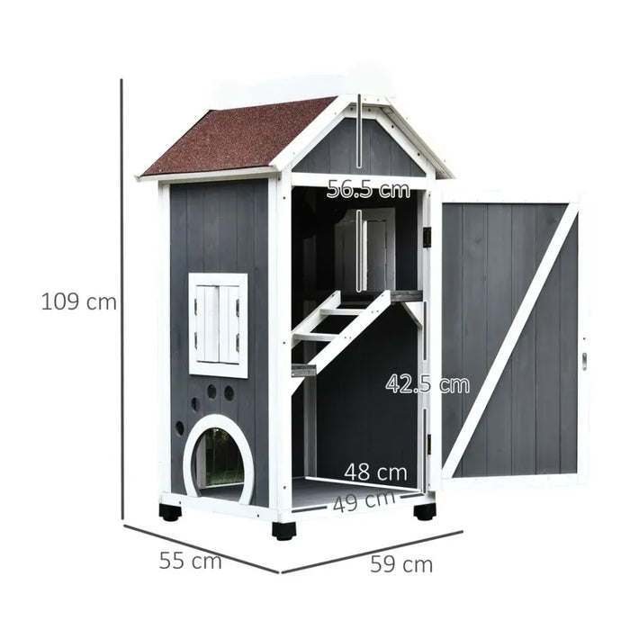 PawHut Wooden Cat House, Weatherproof Pet Shelter, Outdoor Cat Condos Cave, 2 Floor Furniture, Grey and White