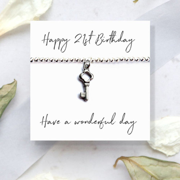 Happy 21st Birthday Bracelet & Message Card - Silver Plated Beaded Bracelet - Thoughtful Gift