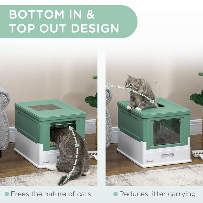 PawHut Hooded Cat Litter Box, Portable Pet Toilet w/ Scoop, Tray - Green