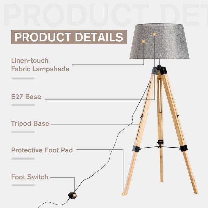 Tripod Floor Lamp w/ Linen Shade Pinewood Legs Adjustable Height Grey