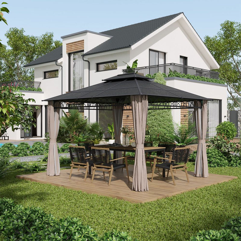 Outsunny 3.6 x 3 (m) Double Roof Gazebo with Nettings & Curtains
