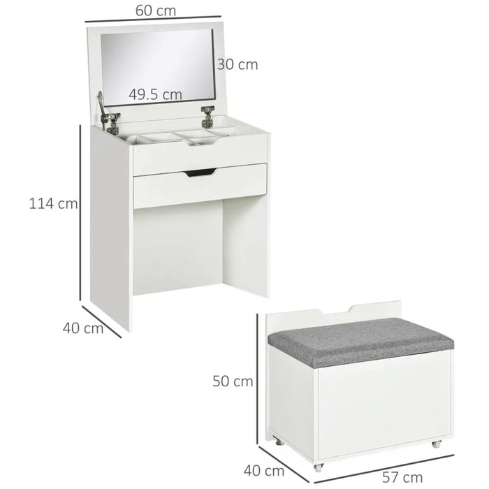 Dressing Table Set w/ Flip-up Mirror & Stool, Drawer and Compartments, White