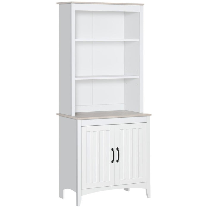 White Kitchen Cupboard with 3-tier Shelving" - Maximize storage and minimize clutter with our sleek, spacious pantry cabinet.