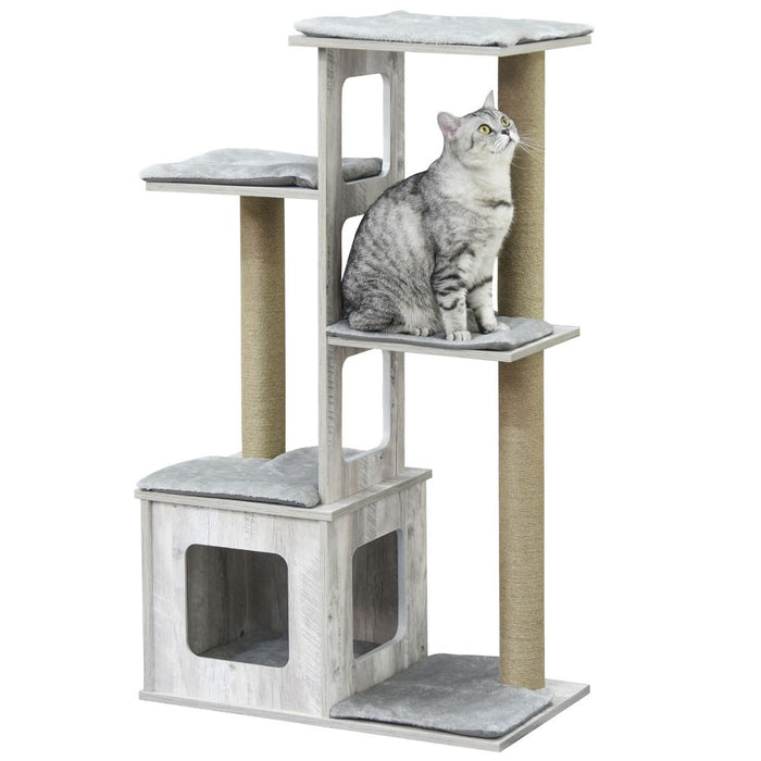 Top-Quality PawHut 114cm Cat Tree Tower w/ Scratching Posts & Cat House - Grey