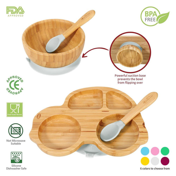 VINSANI BAMBOO CAR PLATE, BOWL & SPOON: Hypoallergenic, Non-Slip, BPA-Free, Easy to Clean