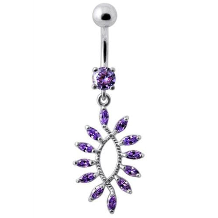 Silver Jeweled Dangling SS Curved Bar Belly Ring Body Jewelry