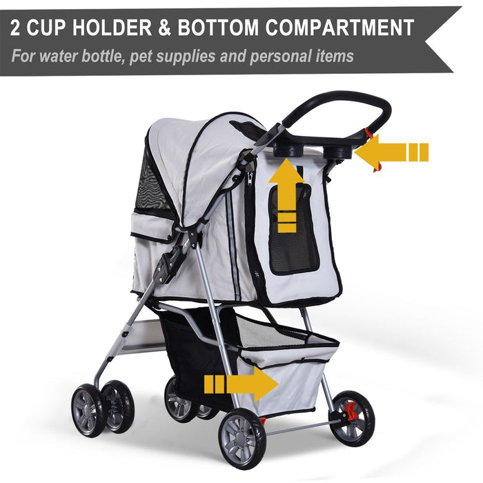 Pet Stroller Cat Dog Basket Zipper Entry Fold Cup Holder Carrier Cart Grey