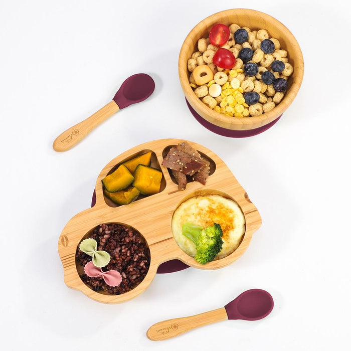 VINSANI BAMBOO CAR PLATE, BOWL & SPOON: Hypoallergenic, Non-Slip, BPA-Free, Easy to Clean