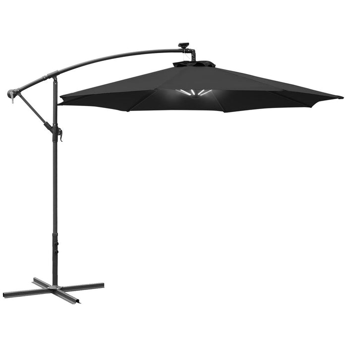 Outsunny 3(m) Banana Cantilever Parasol with Solar LED Lights, Garden Umbrella with Cross Base and Crank Handle, Hanging Offset Sun Shade for Outdoor, Patio, Black