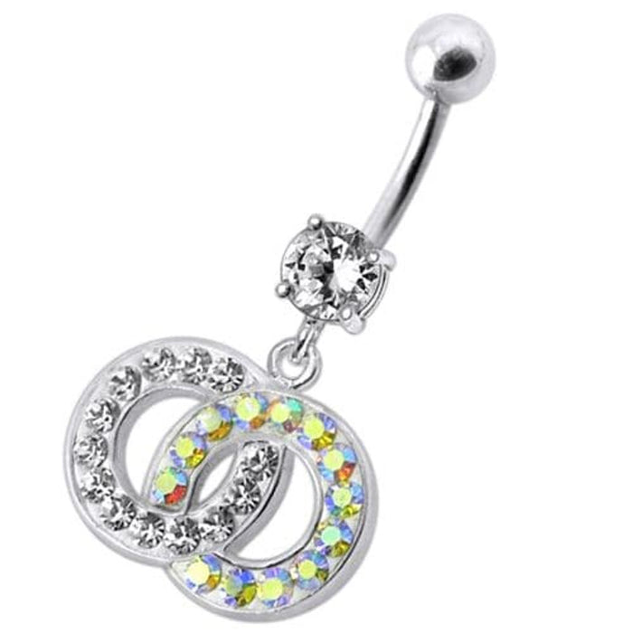 Fancy Multi Colored Stone Studded Crossed O Dangling SS Bar Belly Ring