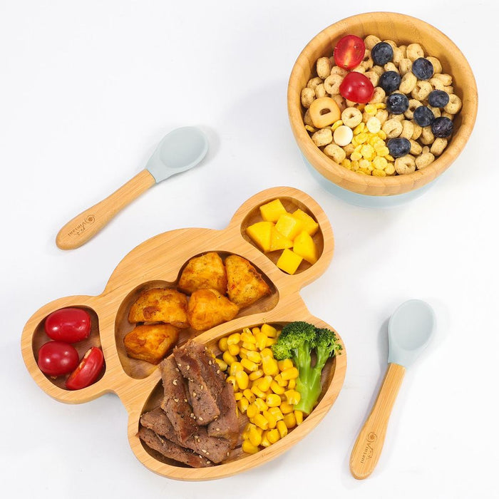 Premium Bamboo Monkey Plate Set – 4-Sectioned Plate, Bowl, & Spoon – Non-slip Base – Food-Grade Silicone – Easy to Clean