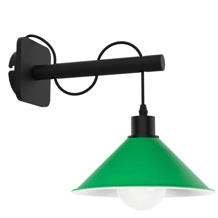 Modern Industrial Black Wall Light Wood Sconce Fitting Metal Green Cone Shape Shade Indoor Light Fixture