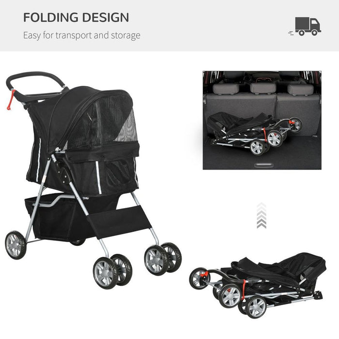 Foldable Deluxe Pet Stroller Carrier - Jogger, Travel, Walk - Dog, Cat - Black