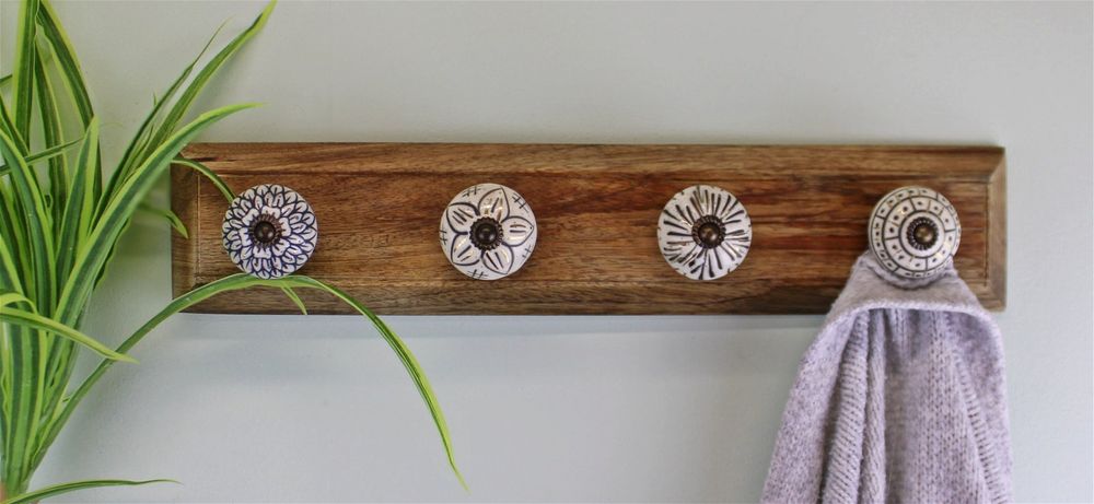 4 Ivory Ceramic Coat Hooks on Wood Base - Stylish, Durable, Easy to Install