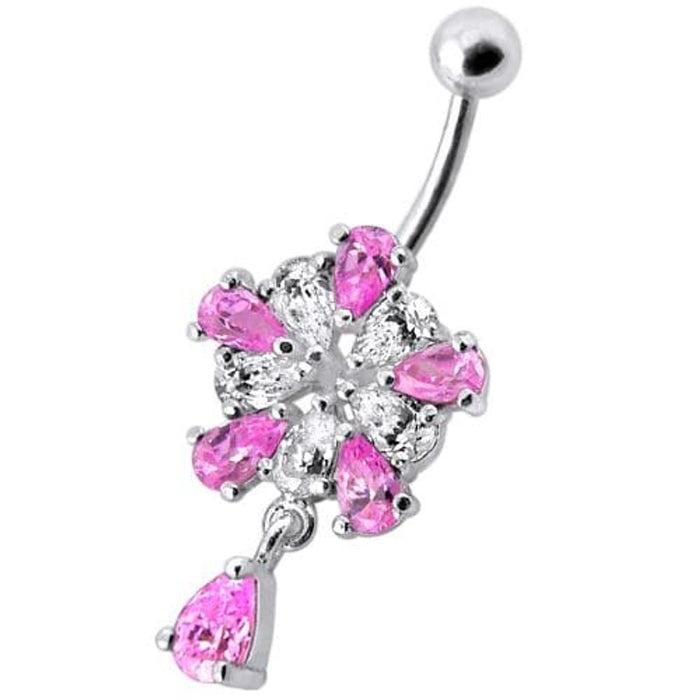 Jeweled Fancy Silver Flower Dangling Banana Bar Navel Belly Ring