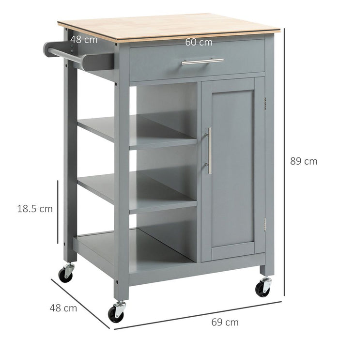 Kitchen Trolley Utility Cart on Wheels with Open Shelf & Storage Drawer Grey