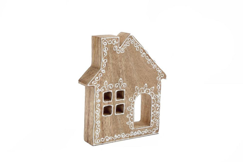 Beautifully Decorated Wooden Gingerbread House - Handcrafted Mango Wood - D2.5 x H14.5 x W13cm