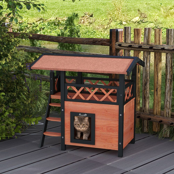 PawHut Outdoor Cat House with Balcony Stairs Roof Brown