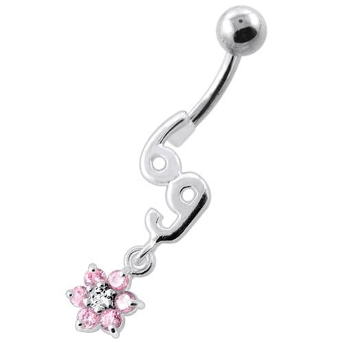 69 with flower Dangling Navel Belly bar