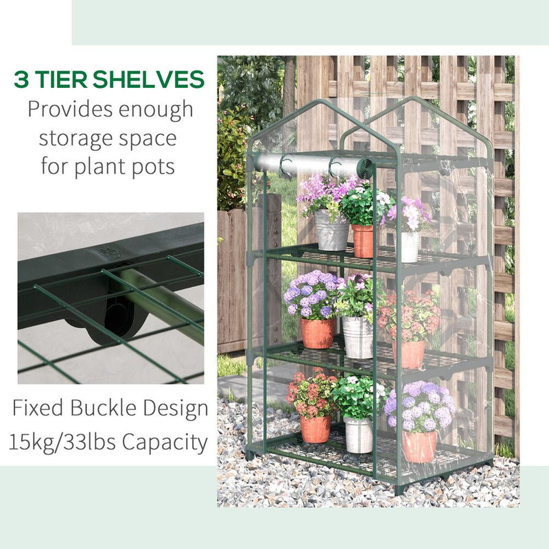 Premium 3 Tier Mini Greenhouse, Roll Up Door, Wire Shelves, 69x49x125cm