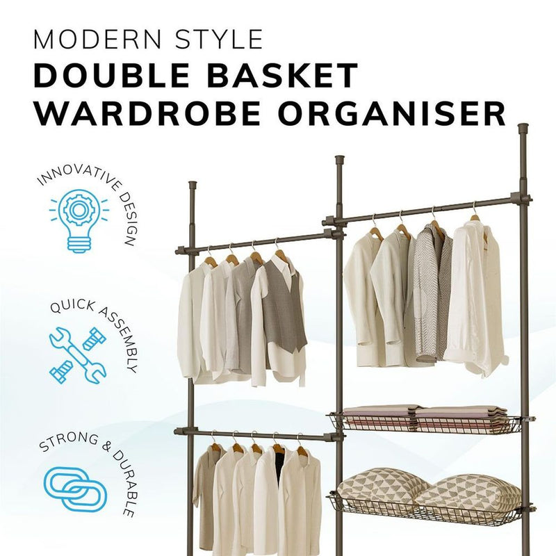 Double Black With Baskets Telescopic Wardrobe Organiser Hanging Rail Clothes Rack Adjustable Storage Shelving