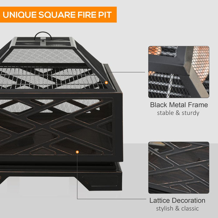 Premium 66cm Square Fire Pit BBQ - Metal Brazier, Screen Cover, Poker - Black