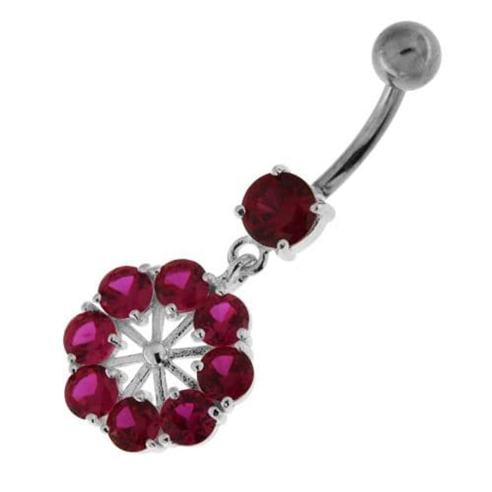 Round Jeweled Flower Sterling Silver Navel Ring