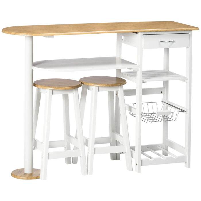 3Pc Bar Table Set, Natural White, Wine Rack, Stools