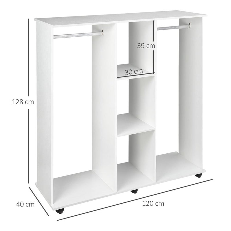 Mobile Double Open Wardrobe w/ Clothes Hanging Rail Colthing White