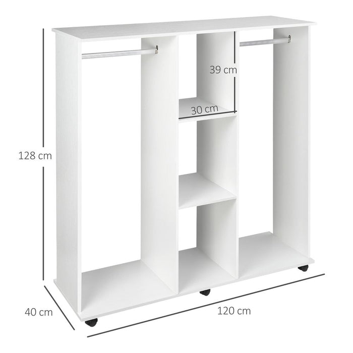 Mobile Double Open Wardrobe w/ Clothes Hanging Rail Colthing White