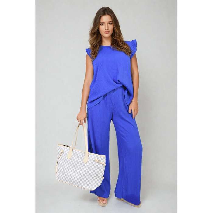 Effortlessly Elegant Ruffle Trim Top and Wide Leg Trouser Co-ord Set