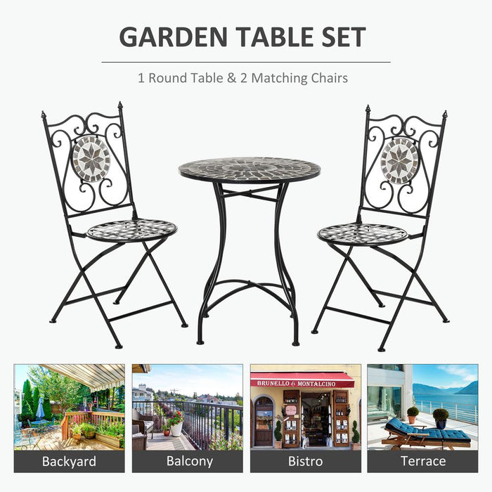 Premium Metal Mosaic Tile Bistro Set - 3 Pc Folding Chairs - Outdoor Garden Furniture