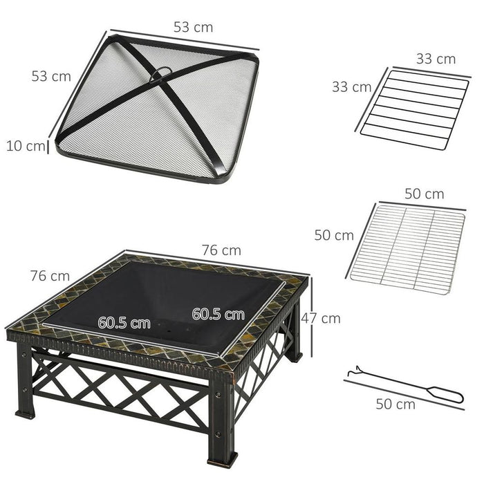 Premium 76cm Square Fire Pit Table - Poker, Mesh Cover, Log Grate