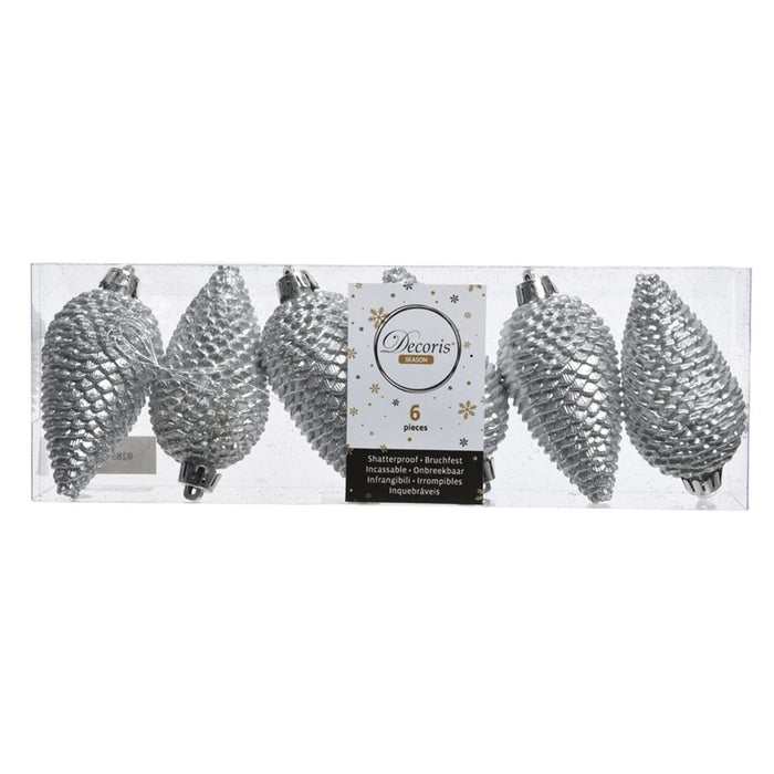 Shatterproof Silver Glitter Pinecone  8cm Pack of 6 - Christmas Tree Decoration