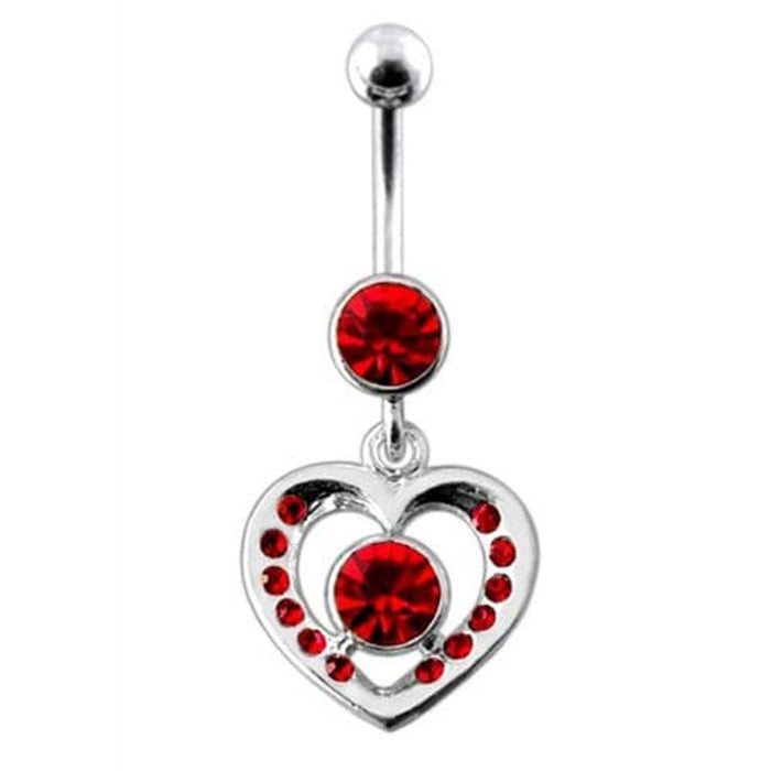 Fancy Jeweled Heart And Centered Stone Dangling Belly Ring Body Jewelry