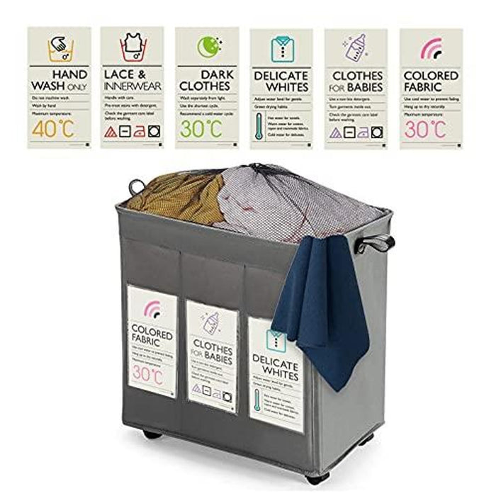 KNIGHT 3 Section Laundry Storage Basket 120L Collapsible on Wheels Mesh Cover (Grey)