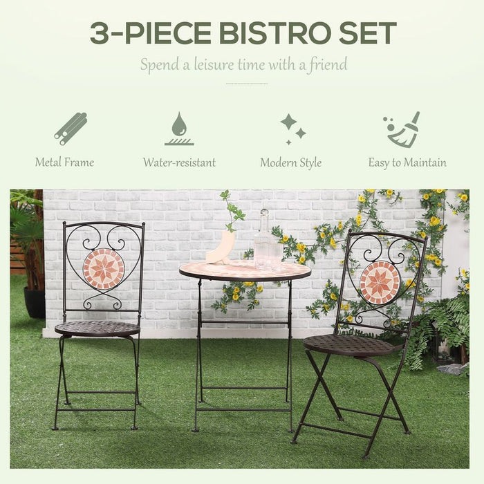 Stylish 3-Pc Outdoor Bistro Set - Mosaic Table & Armless Chairs