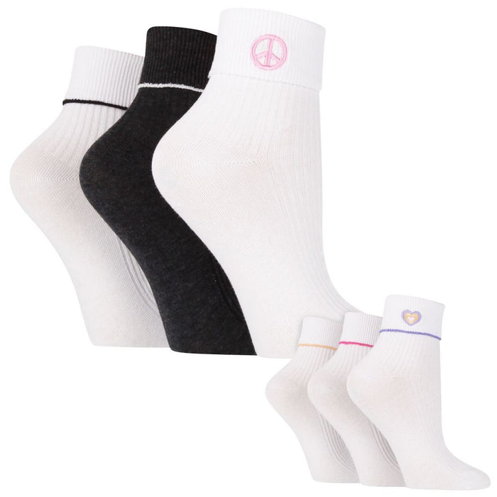 Wildfeet - 3 Pack Ladies Embroidered Turn Over Lounge Socks