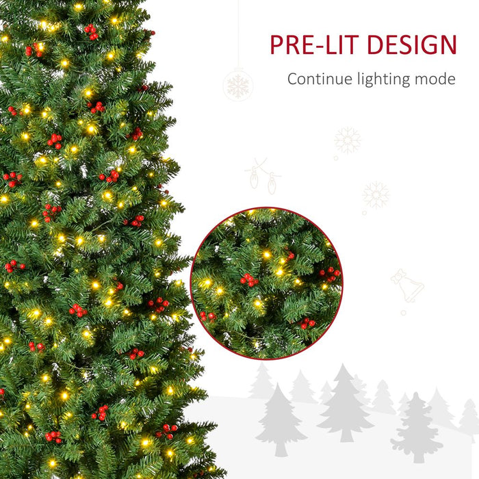 7FT Prelit Artificial Pencil Christmas Tree Warm White LED Red Berry Green