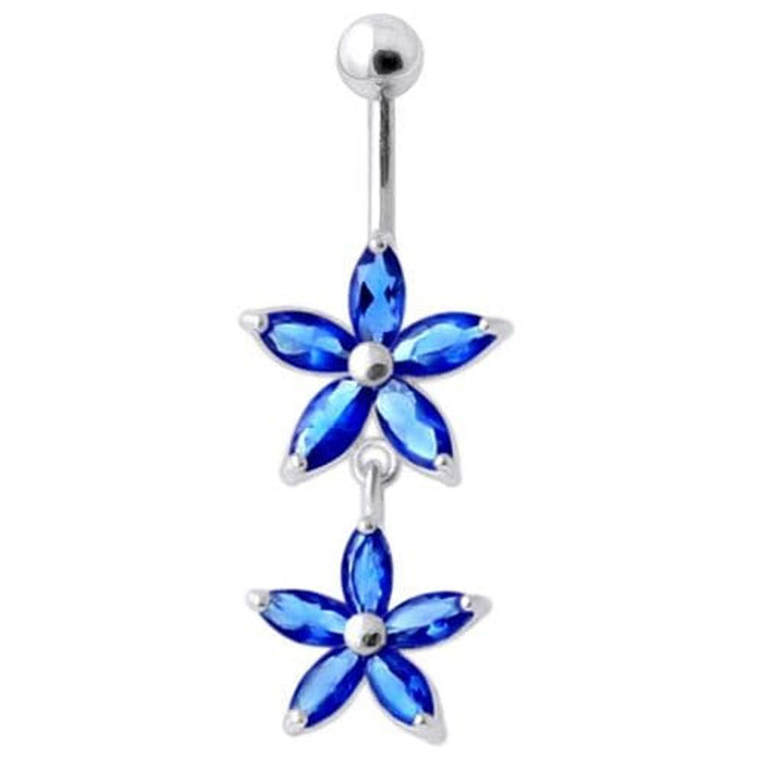 Jeweled Multi Flower Silver Dangling Belly Button Ring