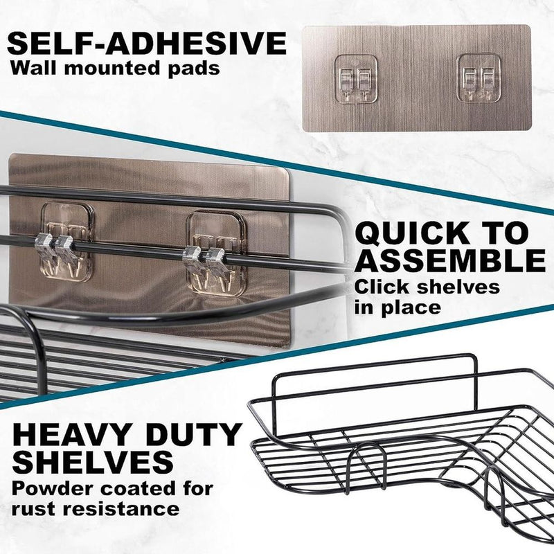 Space-Saving Black Corner Shower Caddy Set | Rust-Resistant | Nano Coating | Wall Mounted Adhesive | Set of 2