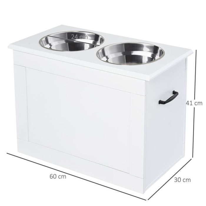 PawHut Raised Dog Bowls, Pet Feeding Storage Station with Two Stainless Steel Bowls, Base, for Large Dogs, White