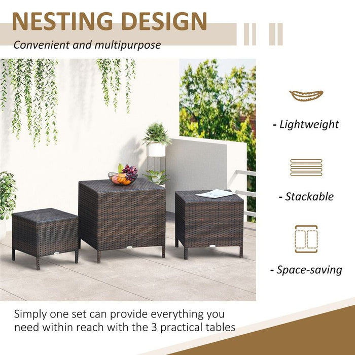 Rattan Nesting Table Set Three Piece Stacking Coffee Side Garden