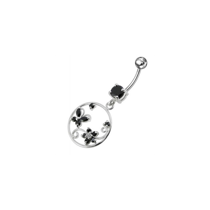 Jeweled Fancy Silver Dangling SS Curved Bar Belly Ring