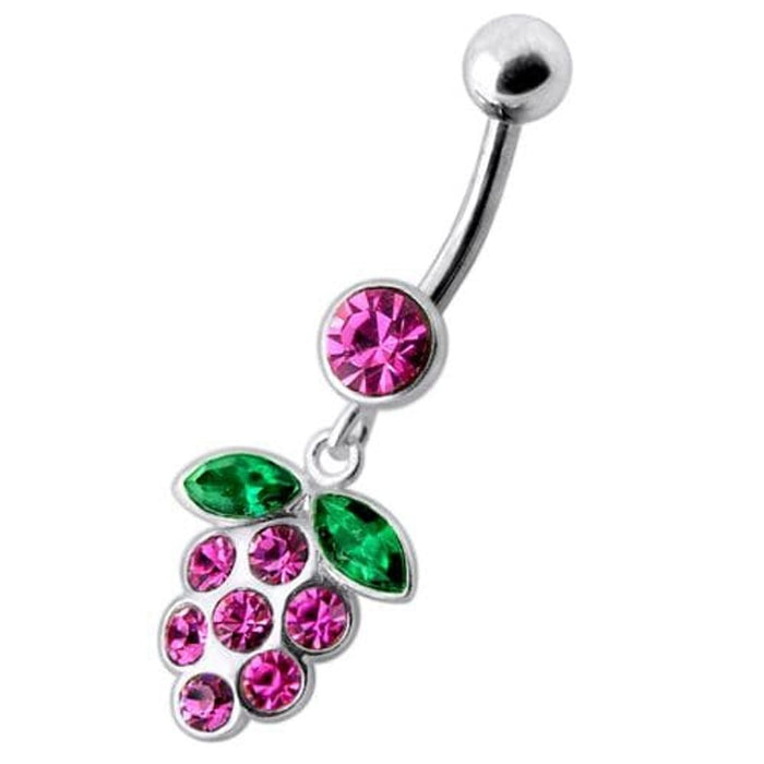 Silver Fancy Jeweled Grape Dangling Curved Belly Ring